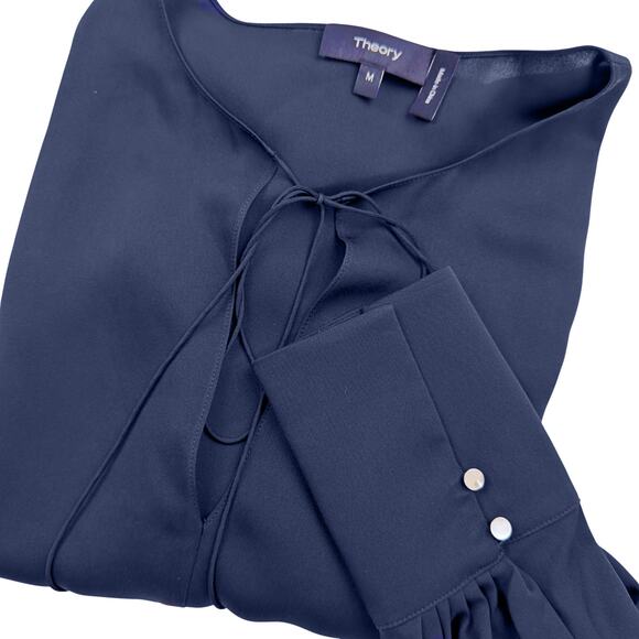 Theory Silk MED Navy Blue Keyhole Tie Front Cuffed Sleeve Blouse Tunic Minimal - Picture 3 of 9